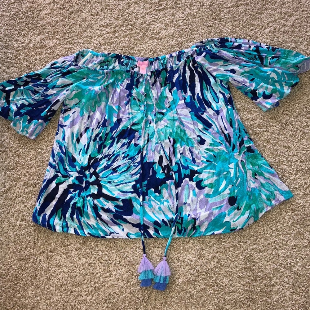 Lilly Pulitzer Off-Shoulder Floral Blouse in Turquoise, Navy & Lavender